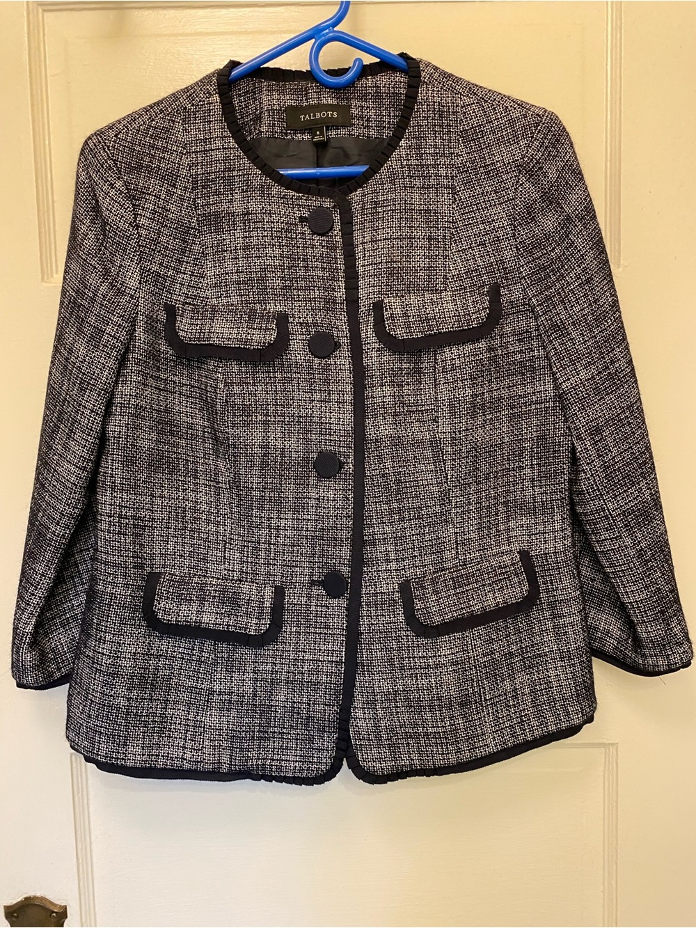 Talbots Navy and White Tweed Collarless Blazer Size 8